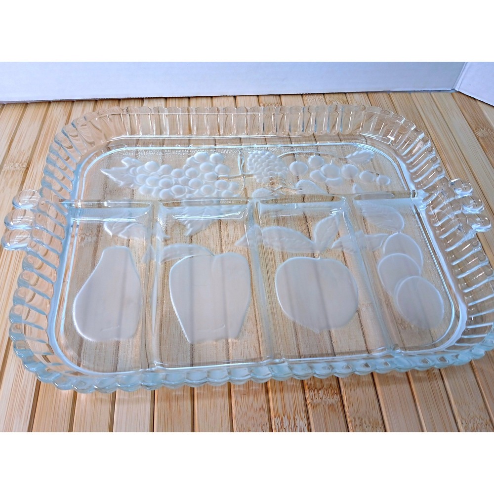Indiana Glass Clear Frosted Fruit Rectangular Divided Relish Tray Serving Dish